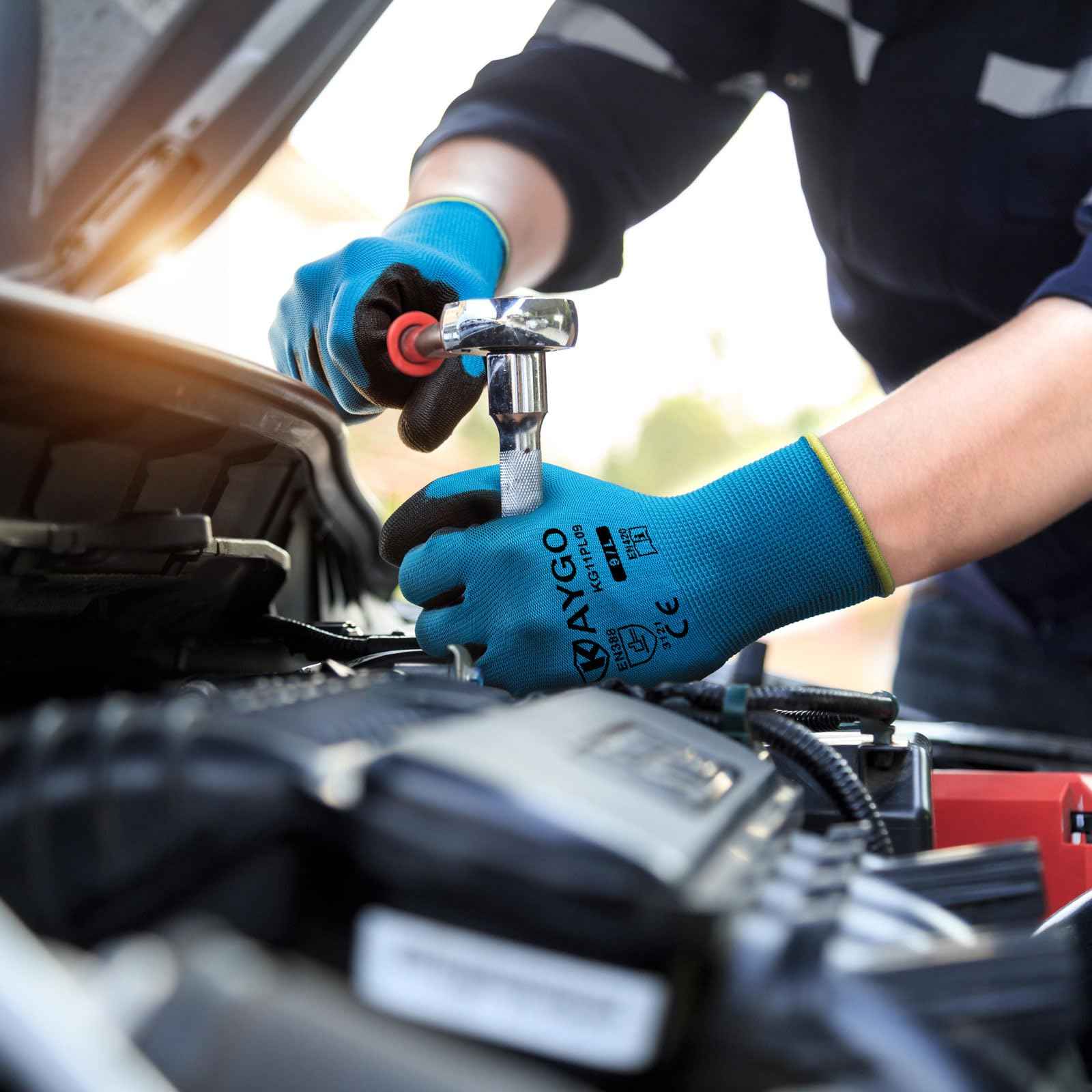 KAYGO Safety Work Gloves PU Coated for Men and Women, KG11P 12 Pairs Seamless Knit Glove with Two Fingers Touchscreen,Ideal for General Duty Work (Blue,M)