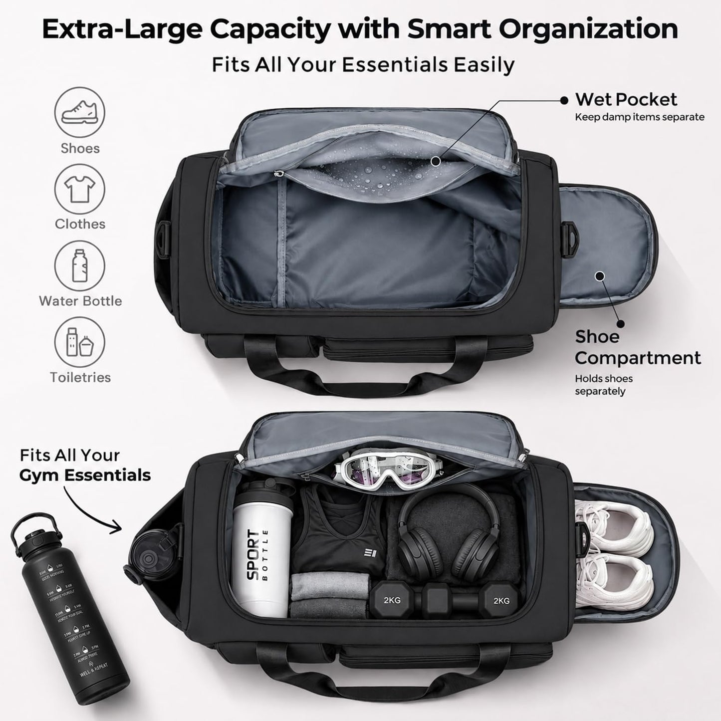 FIORETTO Women's Gym Duffle Bag with Shoes Compartment, 30L Capacity, Ideal for Travel, Gym, Sports, Duffel, Weekender, Black
