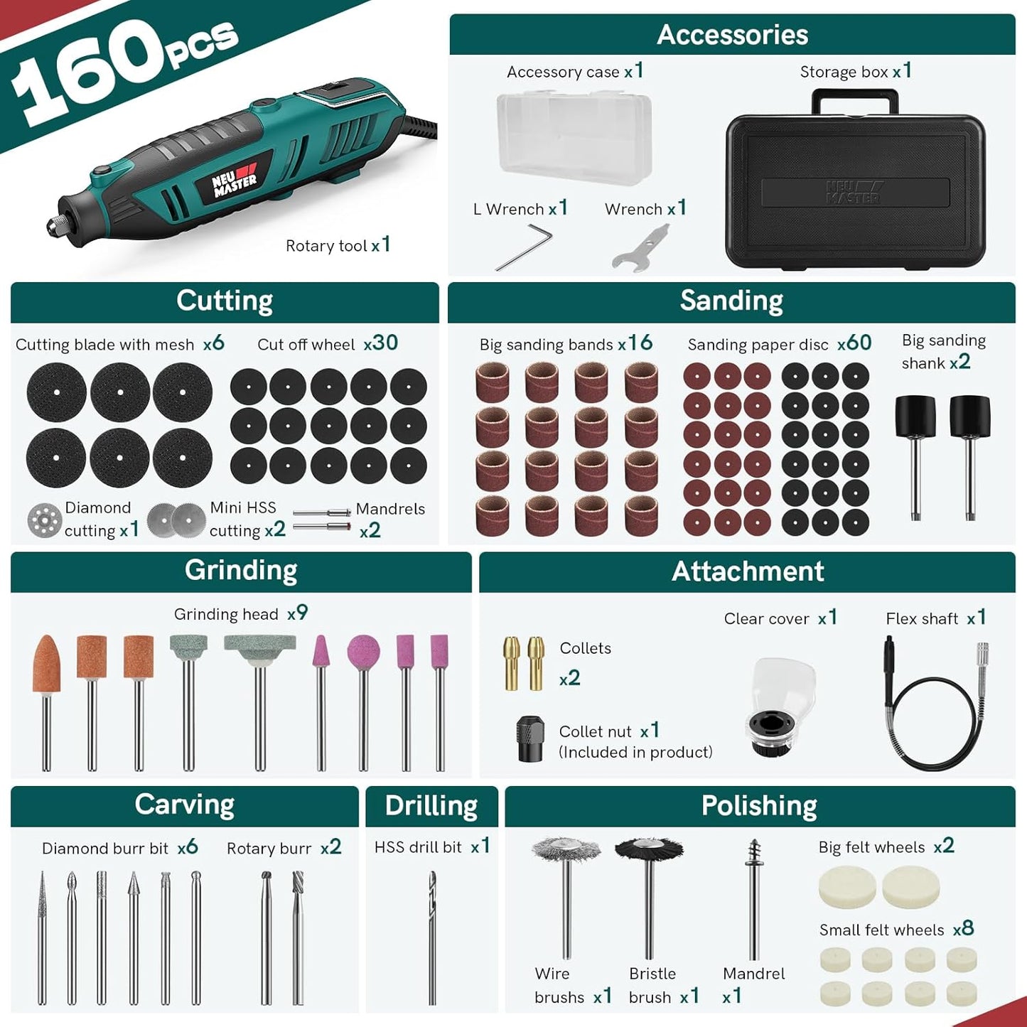 NEU MASTER 180W Rotary Tool Kit with 160 Accessories & 6 Speed Settings for DIY Crafts