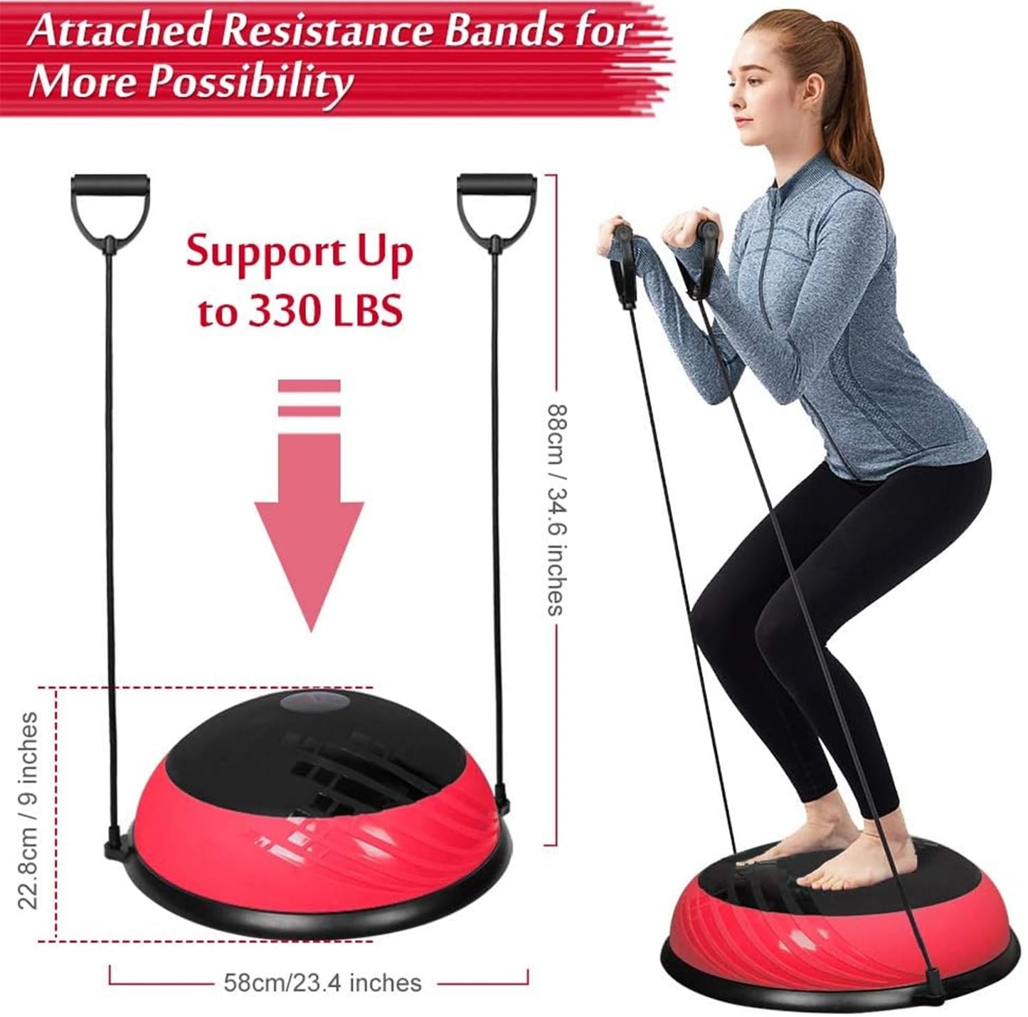 GYMMAGE Half Ball Balance Trainer Yoga Exercise Ball with Resistance Bands, Pump, Anti Burst Design & Anti-slip Surface for Balance, Stability, AB Strength Training Fitness Home Gym Workout, 23" Dia