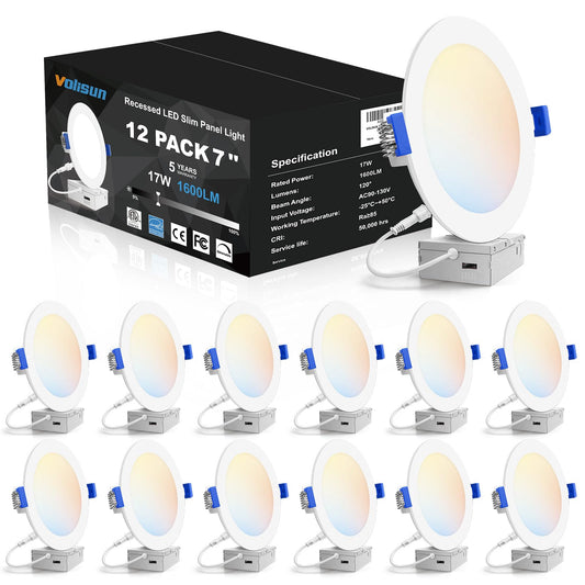 VOLISUN 12 Pack 7 inch Recessed Lighting, 5CCT LED Recessed Light with Junction Box, 2700K-5000K Selectable, Dimmable Canless Wafer Downlight, LED Ceiling Light ETL Certificated