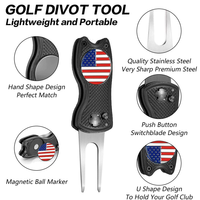 FINGER TEN Golf Divot Repair Tool and Ball Marker Switchblade Value Pack, Foldable Magnetic Stainless Steel with Pop-up Button for Men Women (2 in Black+2 Ball Marker)