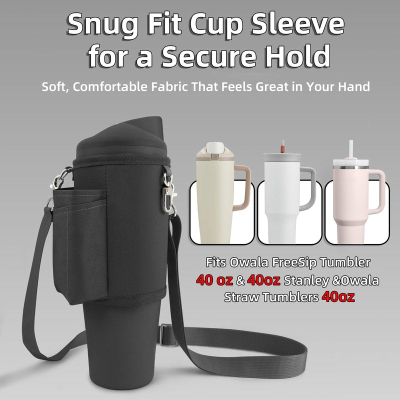 BydGxy Fits Owala 40oz FreeSip Tumbler & Stanley 40 oz Cup, Water Bottle Carrier Bag with Phone Pocket & Chapstick Holder, for Owala 40oz Tumbler, Adjustable Crossbody Strap & Handle (Black)