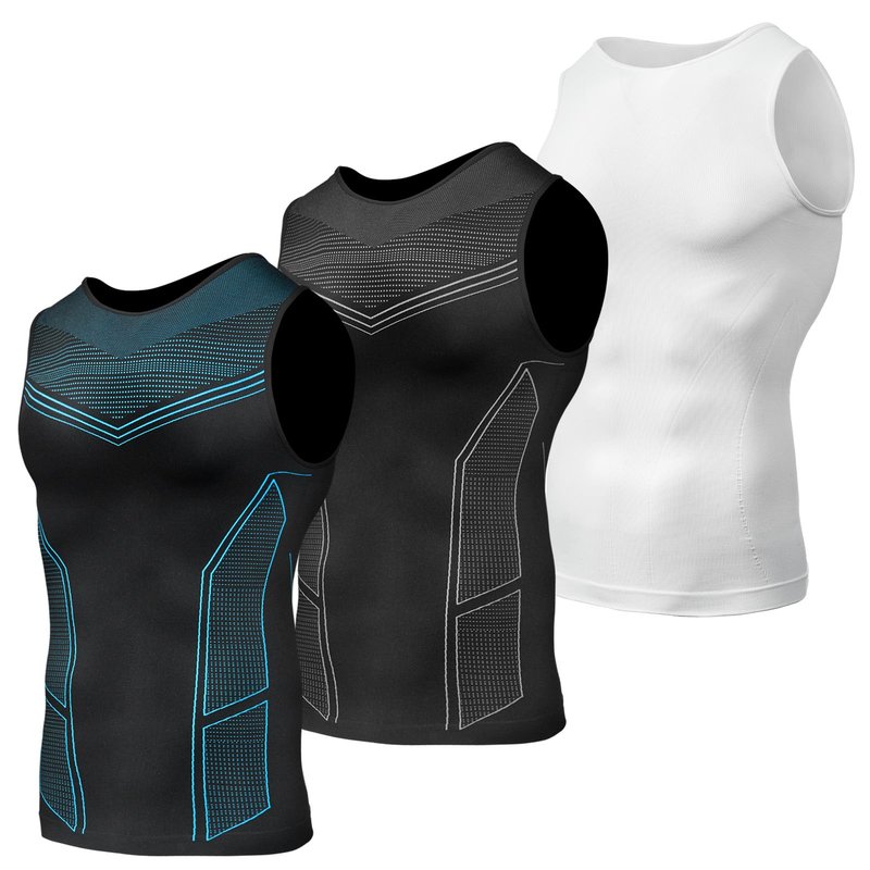 Odoland 3 Pack Men Compression Shirt, Gynecomastia Tummy Control Slimming Undershirt Tank Top Men, Body Shaper Strengthen Compression Vest Shapewear,Line Black/Line Blue/White, XL