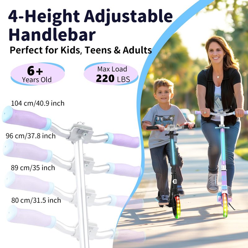 BELEEV V8 Scooters for Kids Ages 6+ with Light-Up Wheel & Stem & Deck, 2 Wheel Folding Scooter for Adults Teens, 4 Adjustable Height, Lightweight Sport Commuter Scooter, up to 220lbs(Light Purple)