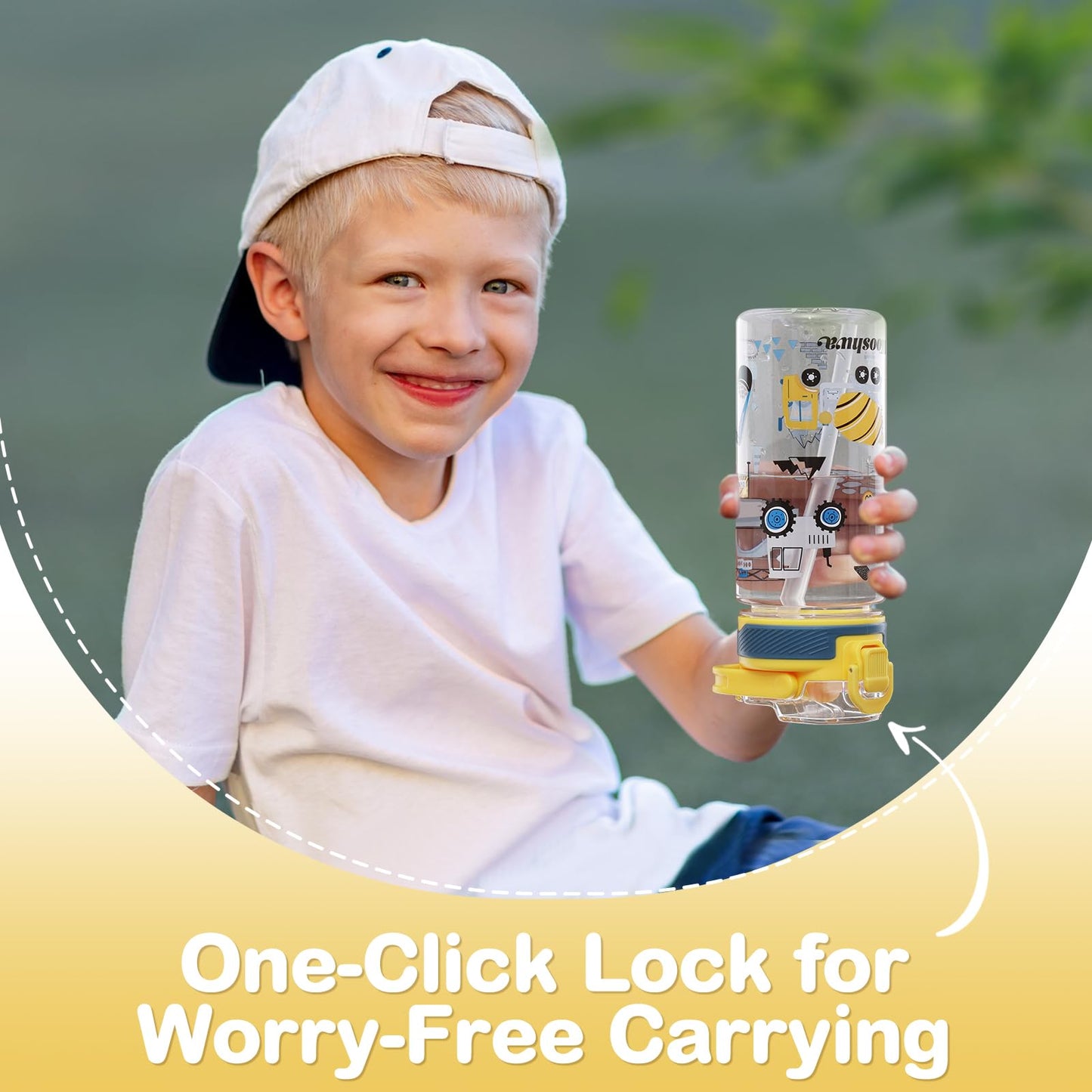 omedecal Kids Water Bottle for School, 16 Oz Plastic Straw Water Bottle with Silicone Spout and Leakproof Cover, Dishwasher Safe (Excavator)