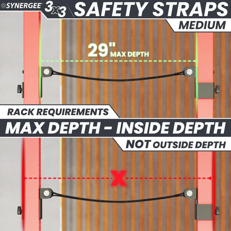Synergee Safety Straps for 3x3 Power Racks – 29" Max Inside Depth – 750 lb Capacity Barbell Catch Straps with Quick-Mount Brackets & 5/8"–1" Hole Converters