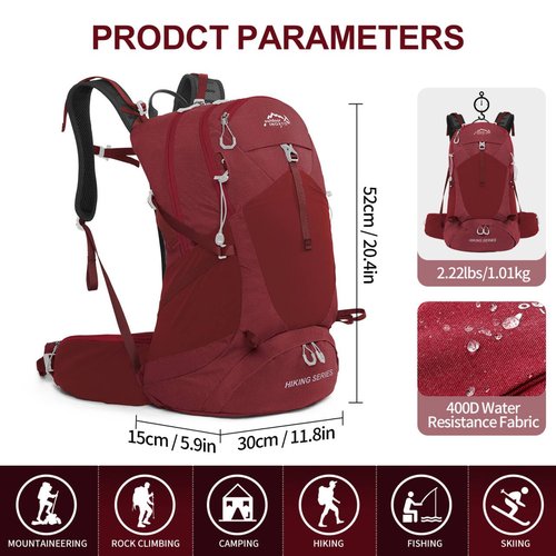 IX INOXTO Hiking Backpack, 26L/40L Waterproof Hiking Daypack with 3L Water Bladder and Rain Cover, Lightweight Travel Camping Backpack for Men Women (Red)