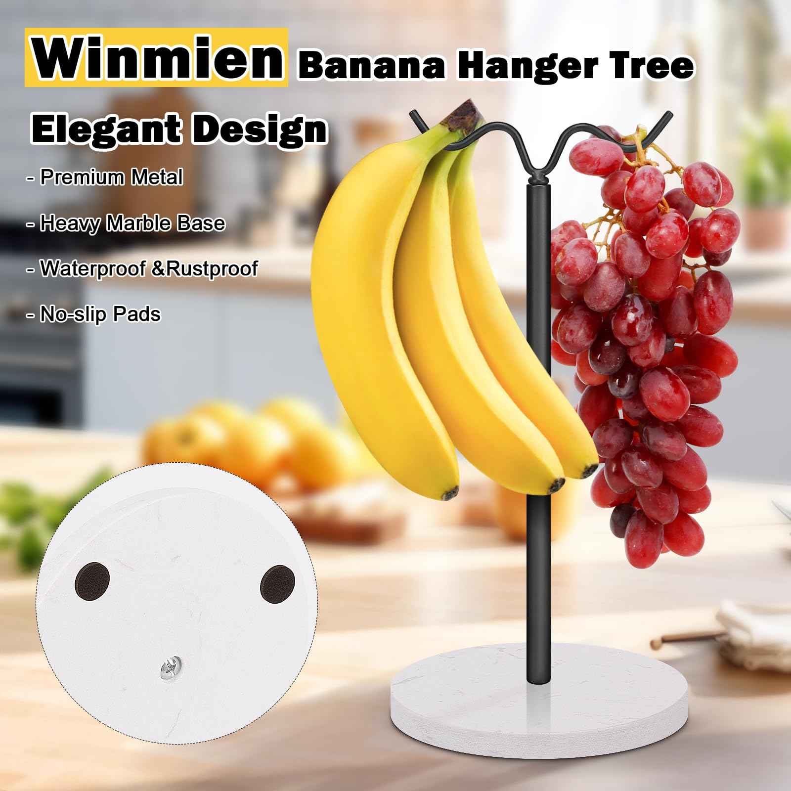 Winmien Double Hooks Standing Banana Holder, Banana Hanger Tree Stand Hook for Kitchen Countertop, Sturdy and Balanced Fruit Shelves with Storage on Both Sides.(Black)