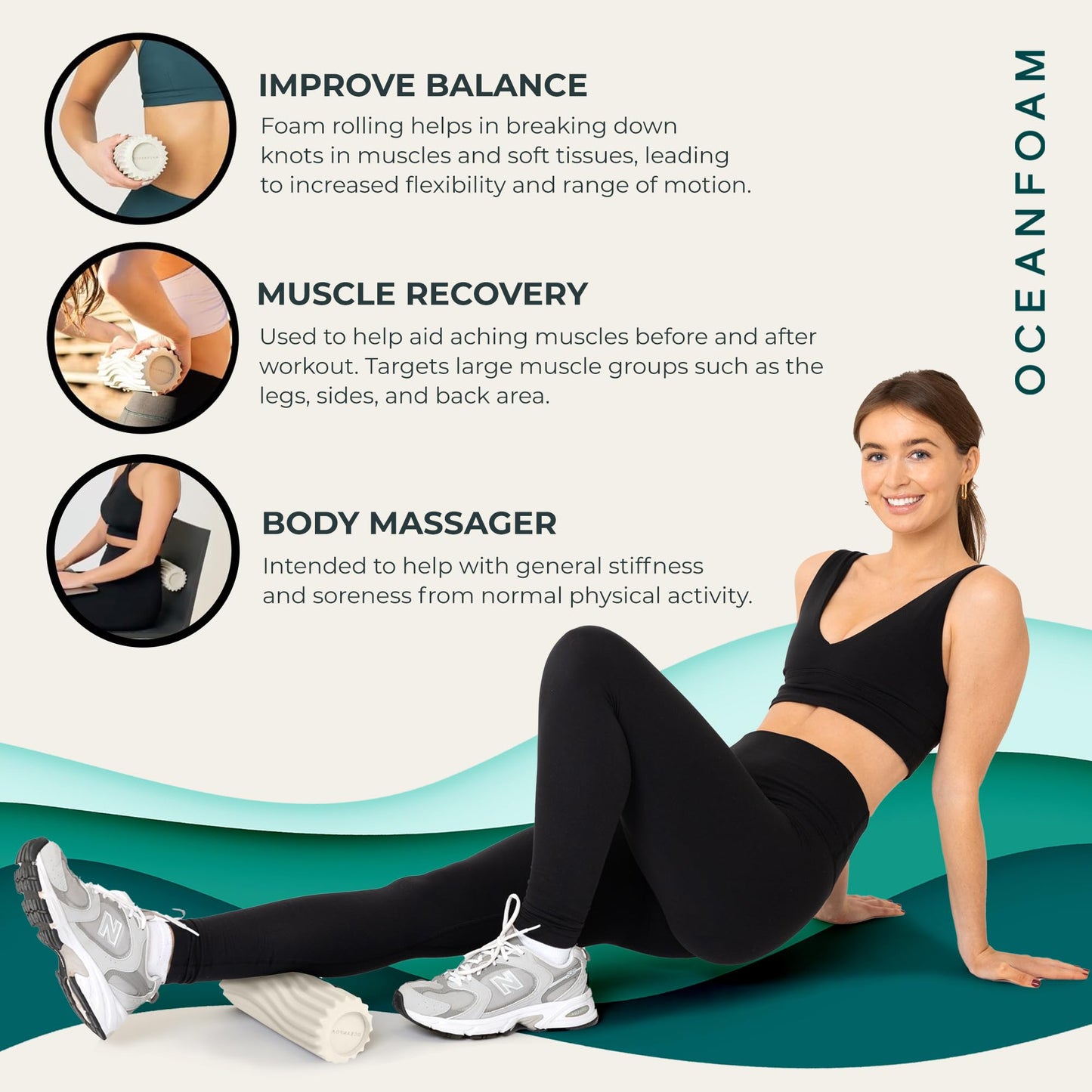 Oceanfoam Ripple Travel Foam Roller (11" x 3.35") Firm Mini Foam Roller for Physical Therapy, Deep Tissue Massage, Back Pain - High Density, Ergonomic Wave Textured - Yoga, Pilates, Exercise (Natural)