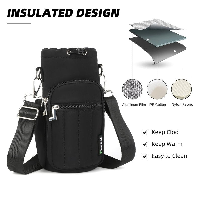 Rueesh Women Water Bottle Holder Bag with Adjustable Strap, Insulated Water Bottle Carrier RFID Crossbody Sling Bag for Hiking Walking Gym Travel,Black