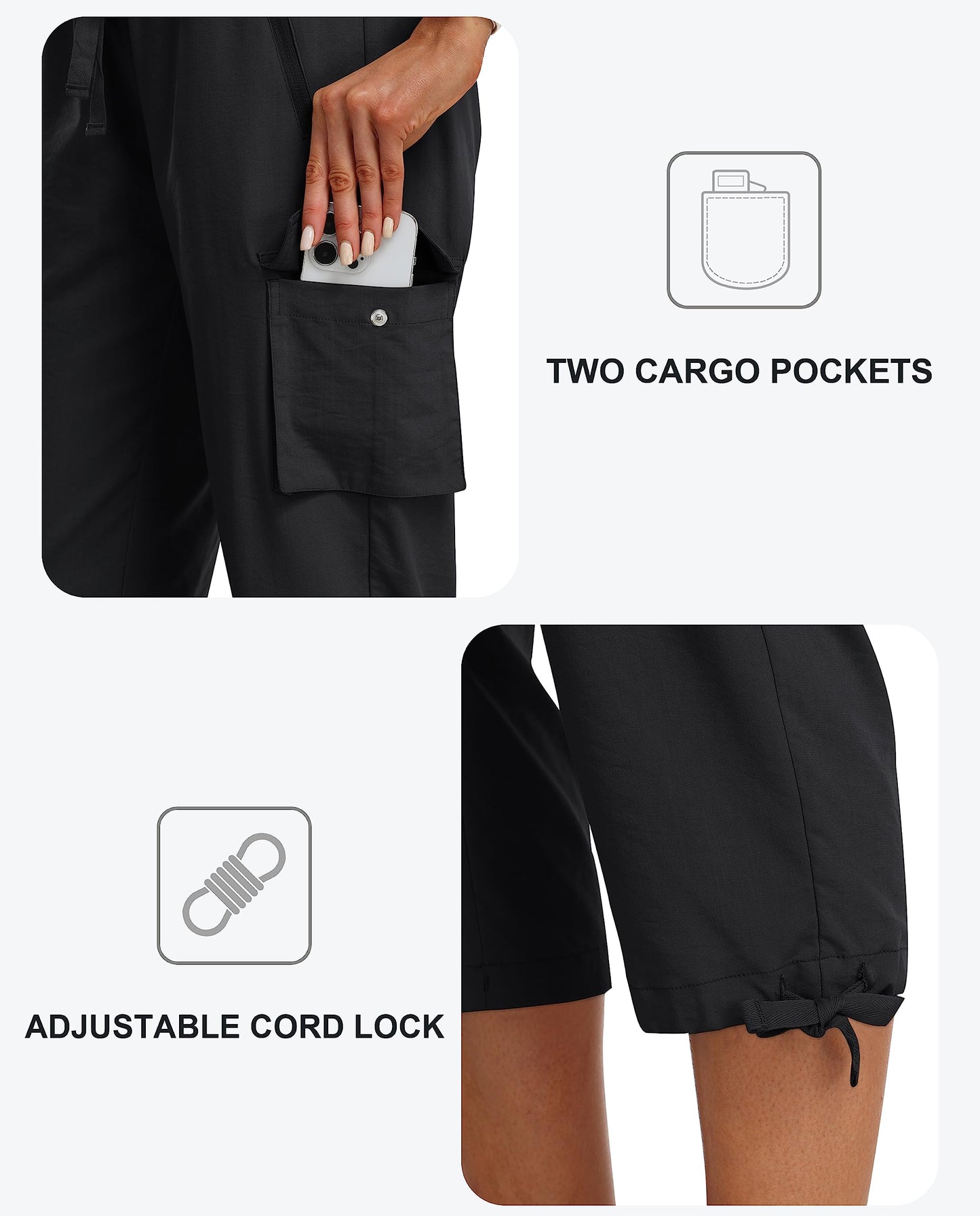 MoFiz Women's Cargo Capris Pants Loose Fit Casual Hiking Pants Lightweight Quick Dry Travel Summer Pants for Women Black M