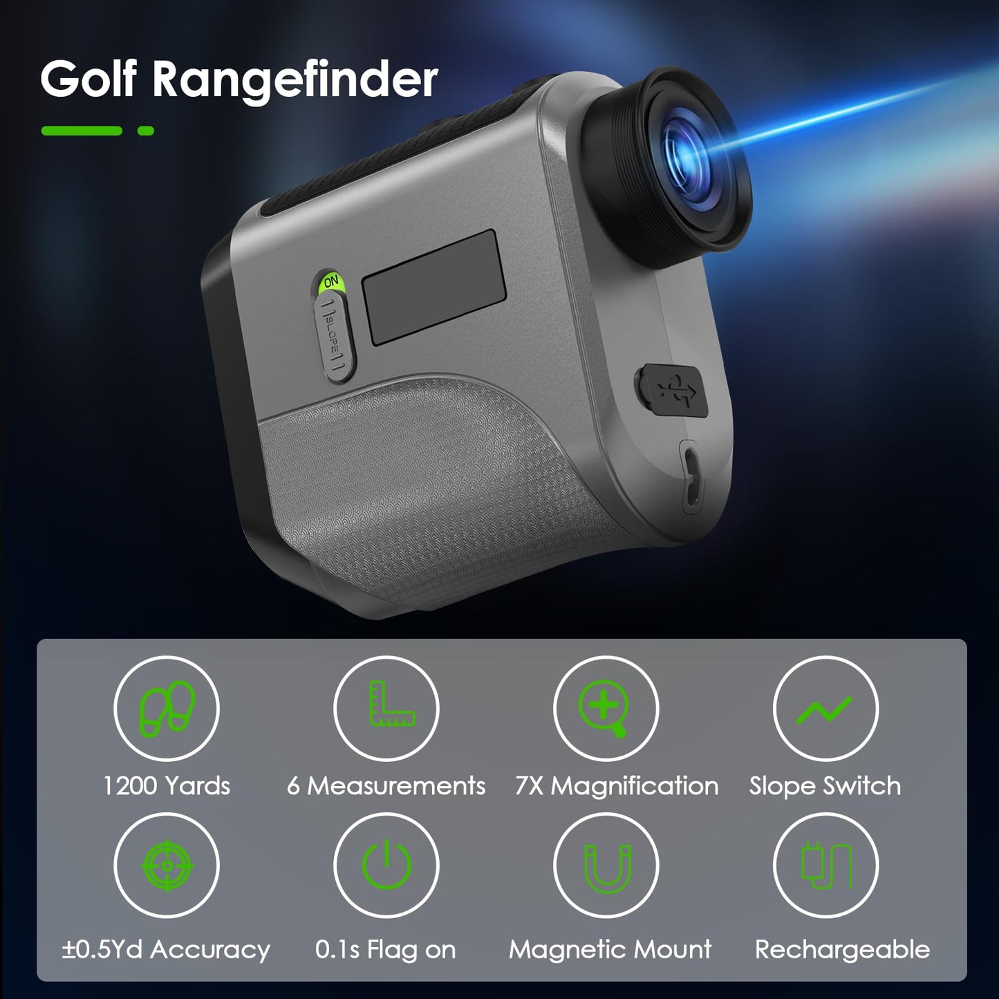 Golf Rangefinder with Slope and Pin Lock Vibration, 1200 Yards Laser Range Finder for Golf & Hunting, 7X Magnification, Rechargeable Rangefinders with Magnetic Stripe IP54 Waterproof (Grey)