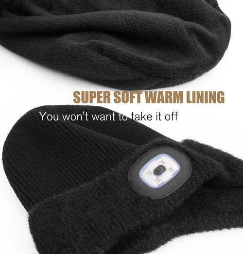 MELASA Winter Fleece Line LED Beanie with Earflap, USB Rechargeable Outdoor Warm Hats with The Light Gifts for Men Black