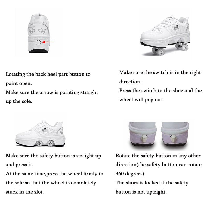 Pairobin 2-in-1 Roller Skates Shoes with Retractable 4 Wheels & Pop-Out Deformation Sneakers Outdoor Sports Skating Shoes for Girls Boys, White, 3.5