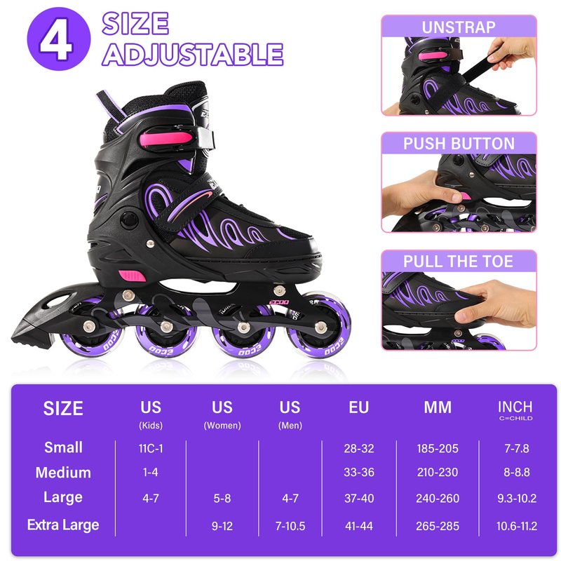 ECOO Inline Skates for Girls and Boys Ages 5-8 8-12 Light up Wheels, Adjustable Size Roller Skates Blades Kids Adult Women Outdoor