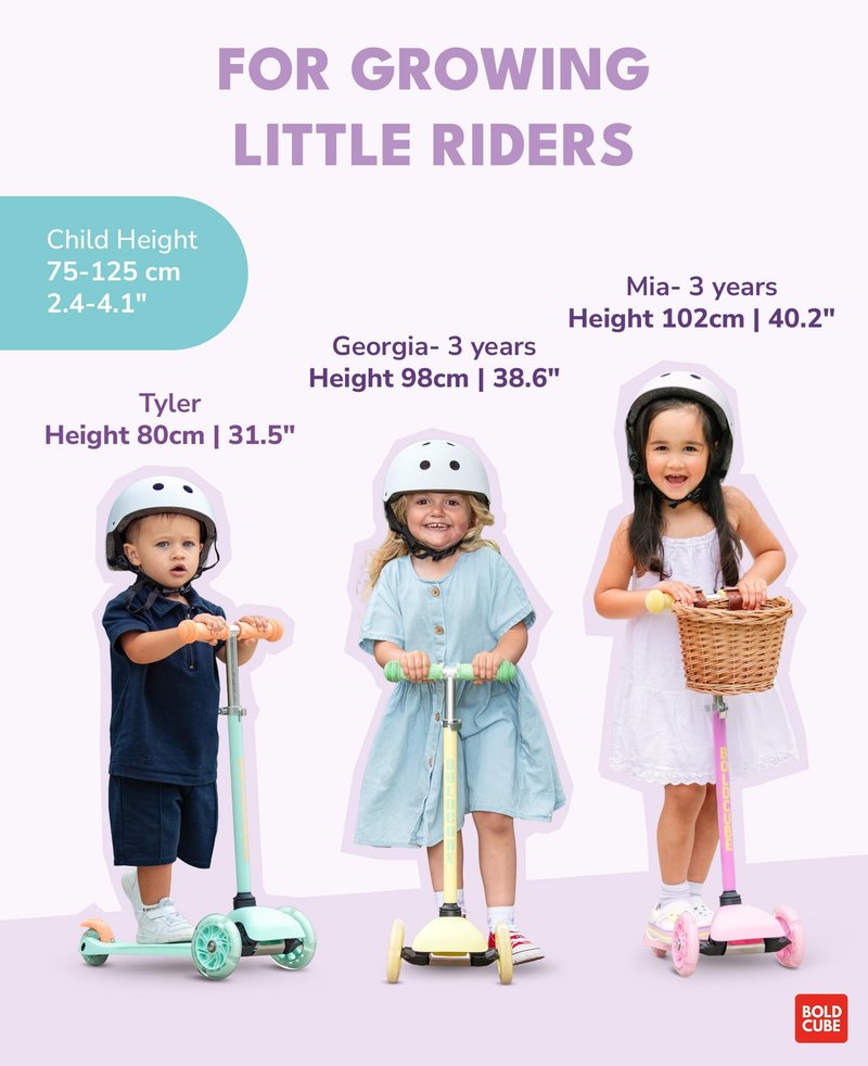 BOLDCUBE Teeny | 3 Wheel Scooter for Kids & Toddlers Ages 3-6 Years | Flashing Wheels | Height Adjustable 53 to 70 cm | My First Scooter