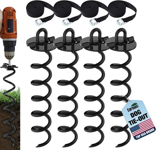 Eurmax USA Heavy Duty Spiral Stakes Anchor Kit - 4-Pc Pack for Trampolines, Tents & Canopies | Bonus Tie Down Straps (Black)