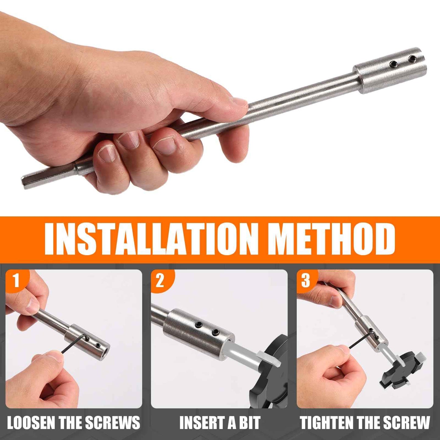 FALESOUL 3Pcs Forstner Bit Extension for 3/8" Round Shank, High-Carbon Steel Wood Spade Drill Bit Extender, for Adding Over 8+3/4 inches to 5+3/8 inches inches of Drilling Depth (10+6.7+6.6 inch)