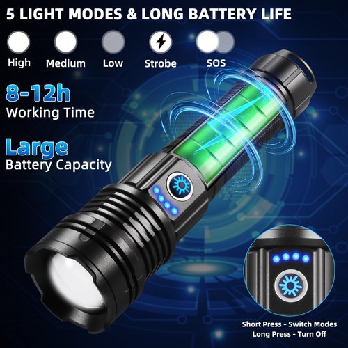 High Lumens Rechargeable Flashlight by [Brand Name] - Super Bright Tactical LED | Waterproof, 5 Modes for Camping & Emergencies