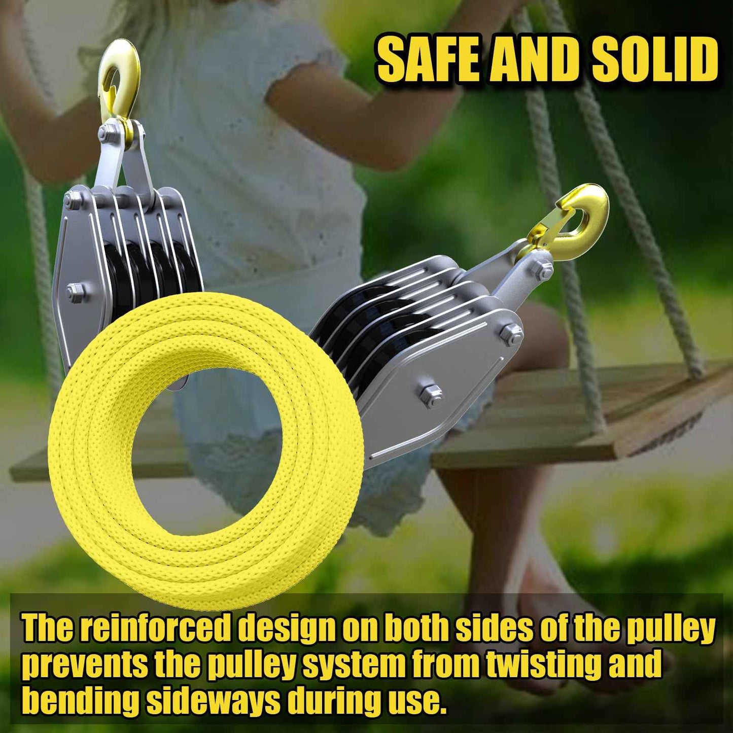 Block and Tackle 4400 LB Breaking Strength Heavy Duty Pulley, 65 Ft Rope Pulley, Upgraded Metal Bearing, 7:1 Lifting Power Pulley System, Pulley Hoist for Lifting Heavy Objects(Yellow)