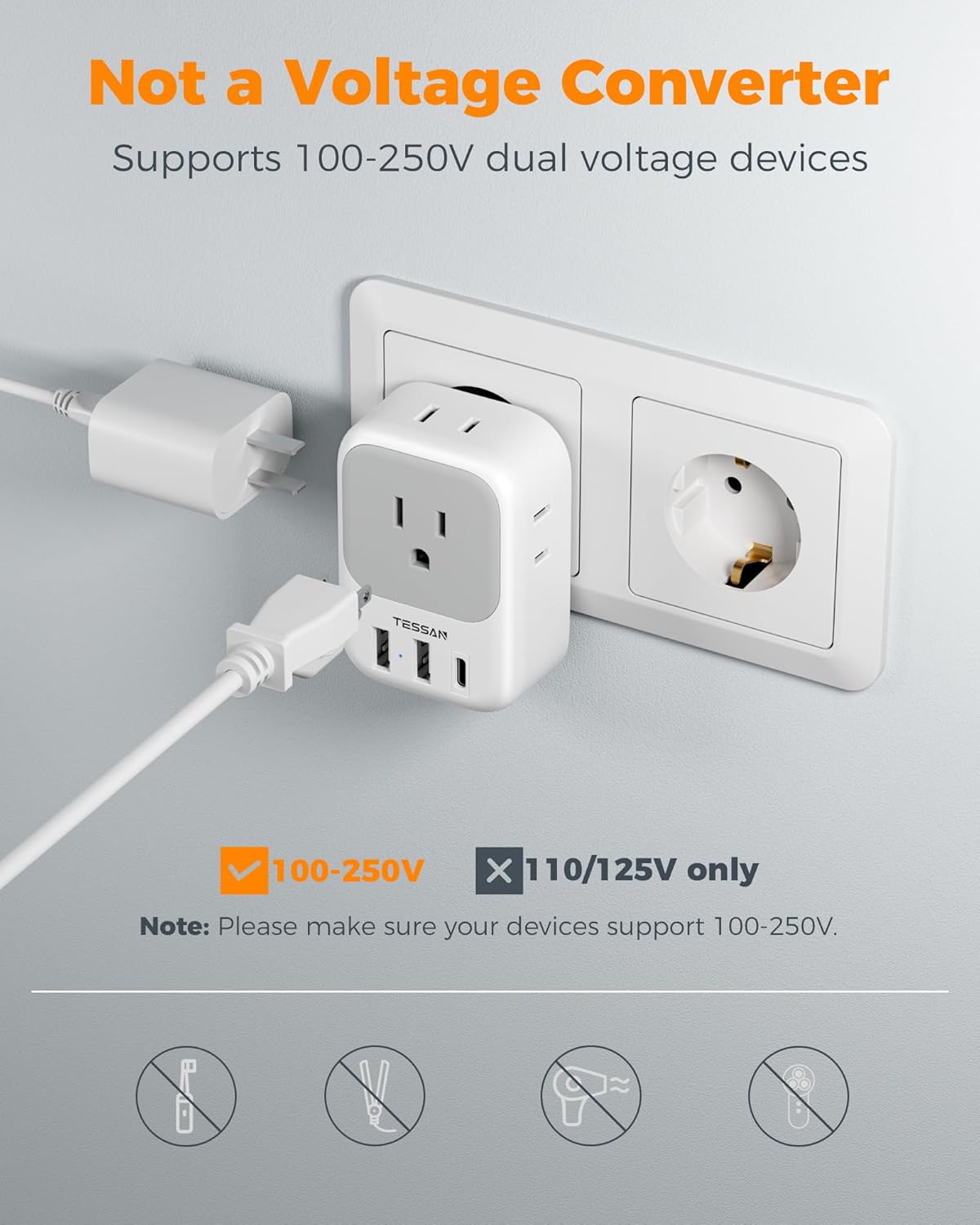 TESSAN European Plug Adapter - 2 Pack USB-C Travel Charger with 4 Outlets & 3 USB Ports for Italy, Spain, France, Germany