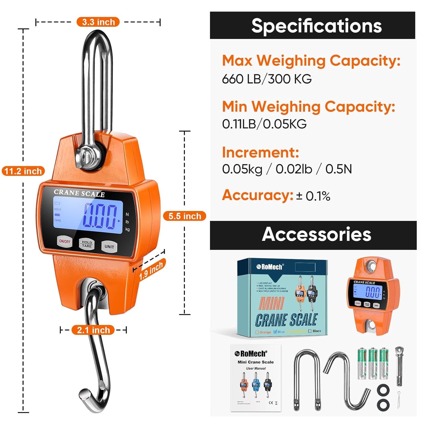 RoMech 660lb Digital Hanging Scale - Durable Cast Aluminum Case, Mini Crane Scale for Outdoor Use (Orange)