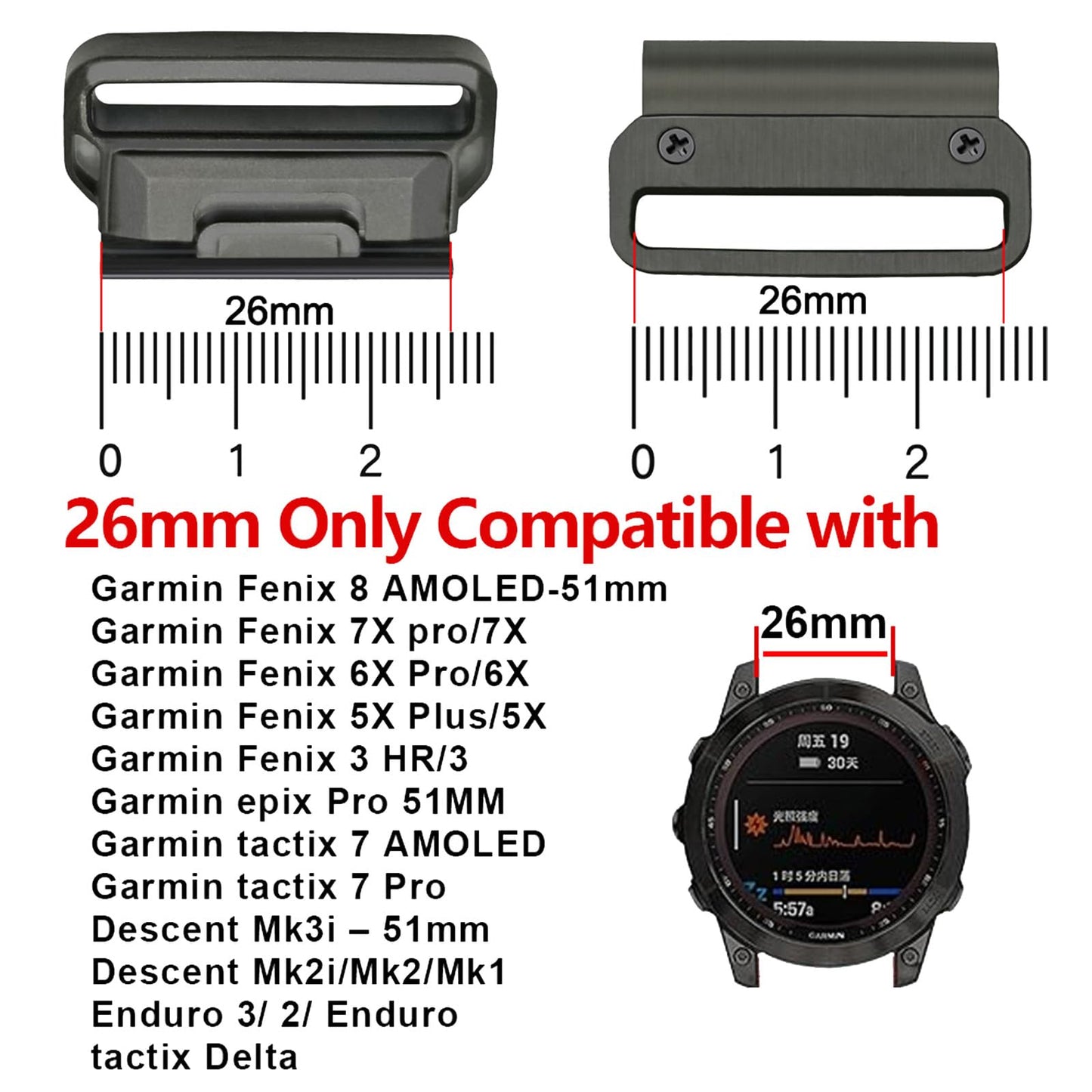 26mm Quick Fit Metal Connector Adapter for Garmin Fenix 8 AMOLED-51mm/Fenix 7X pro/7X/6X Pro/6X/5X/5X Plus/3 HR/epix Pro 51MM,Watch Band Connector Accessories Compatible with tactix 7 Pro/Descent Mk2