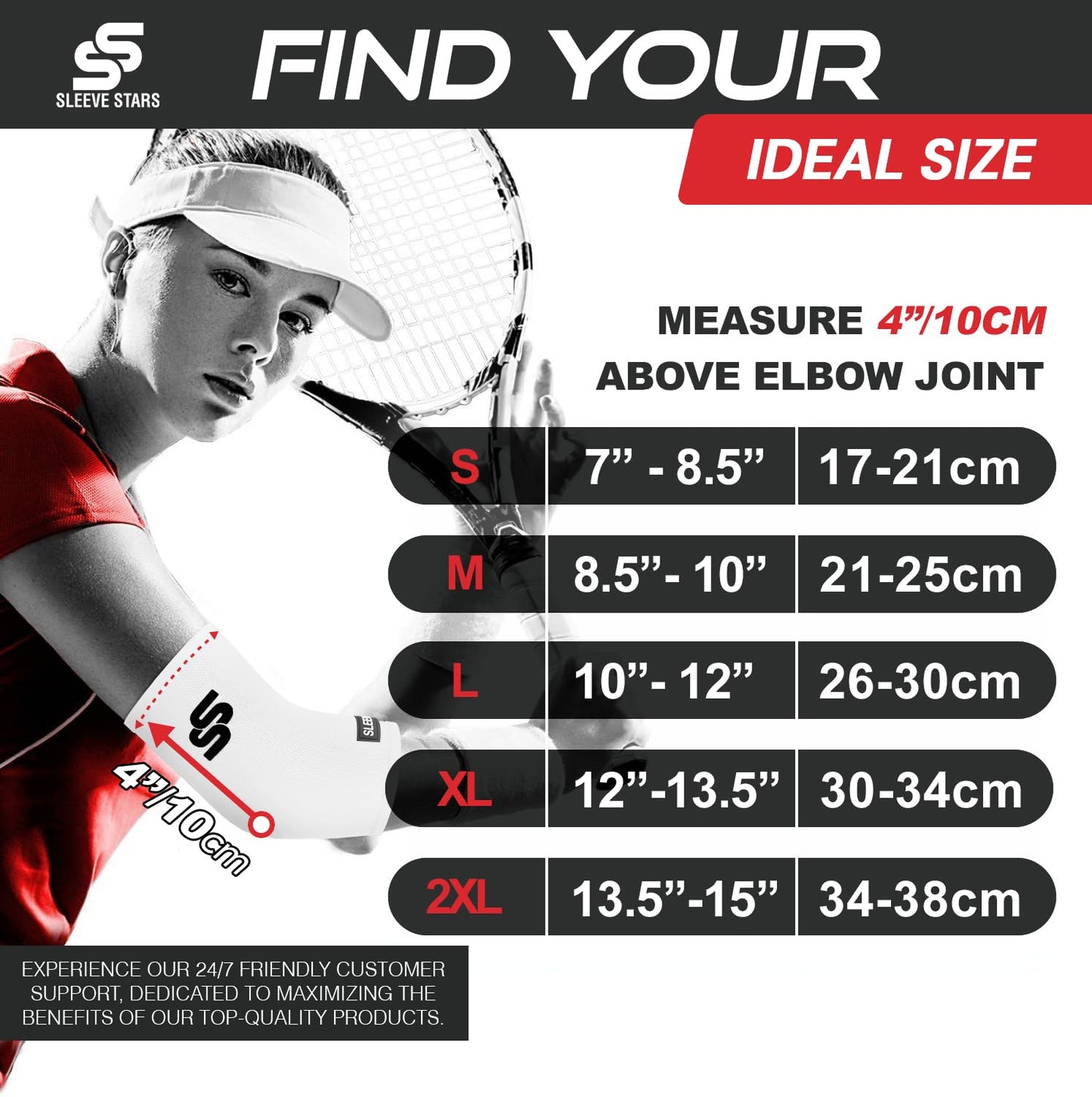Sleeve Stars Elbow Sleeve for Pain Relief & Protection - Elbow Compression Sleeve for Women & Men - Supportive Elbow Brace for Tendonitis, Recovery & Ideal for Sports, Work (S: 7"-8.5"/White)