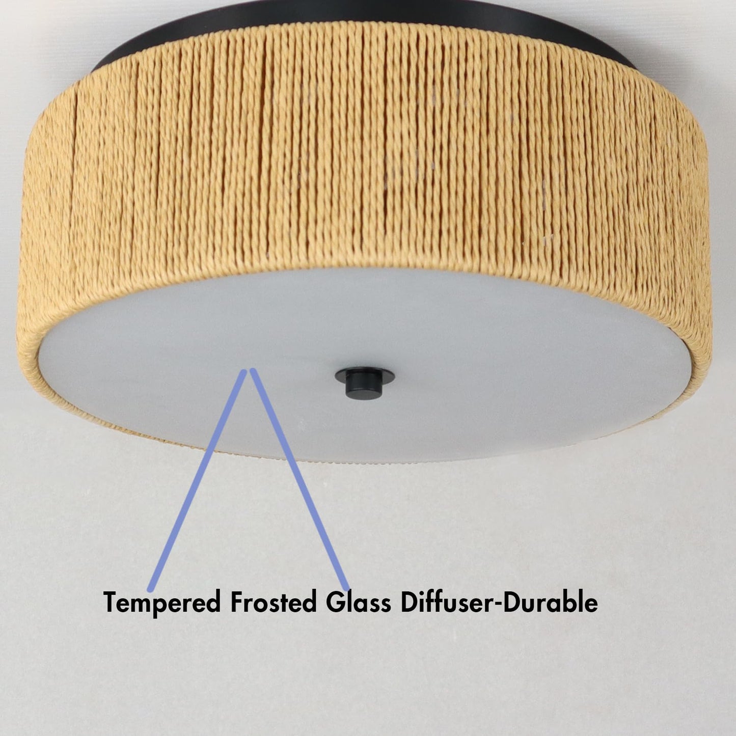 YUBOLE Woven Ceiling Light 3-Light Bohemian Flush Mount Ceiling Light with Paper Hemp Rope Drum Shade for Bedroom Hallway Bathroom Dining Room-Black & Brown