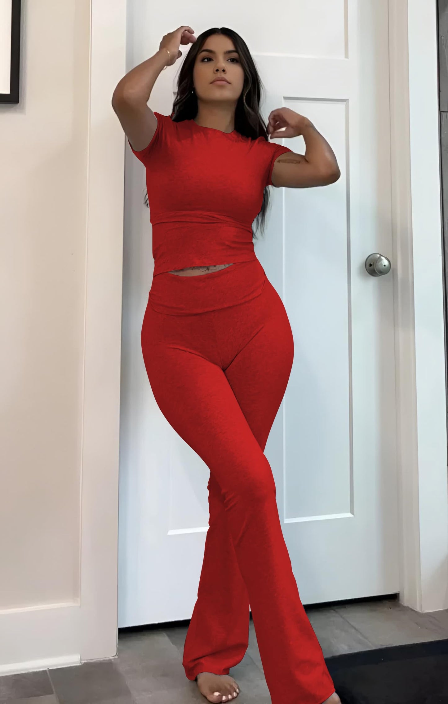 Nimsruc Two Piece Lounge Sets For Women Summer Outfits Short Sleeve Petite Pant Sets Comfy Matching Clothing Big Red XXL