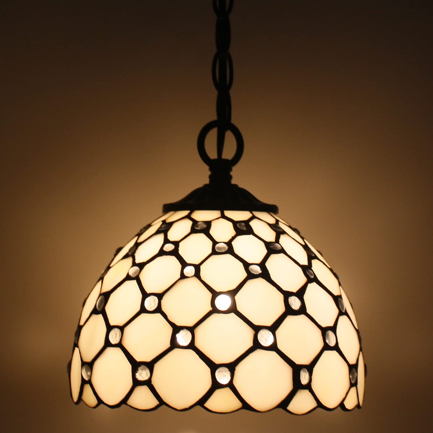 Small Tiffany Pendant Light 8 inch Tiffany Style Stained Glass Pendant Hanging Lamp Small Vintage Hanging Light Fixtures for Home Living Room Restaurant Hallway (White Amber Pearl Beads Style)