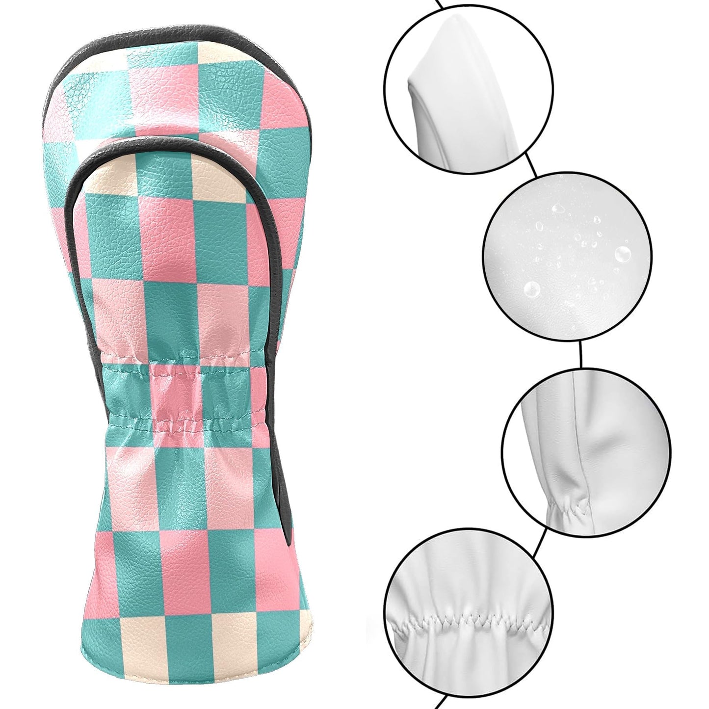 Golf Club Head Covers for Driver and Fairway Woods, Waterproof Leather Headcovers for Golf Clubs, Ideal Golf Accessories Gift for Men Women (Pink and Teal Checkered)