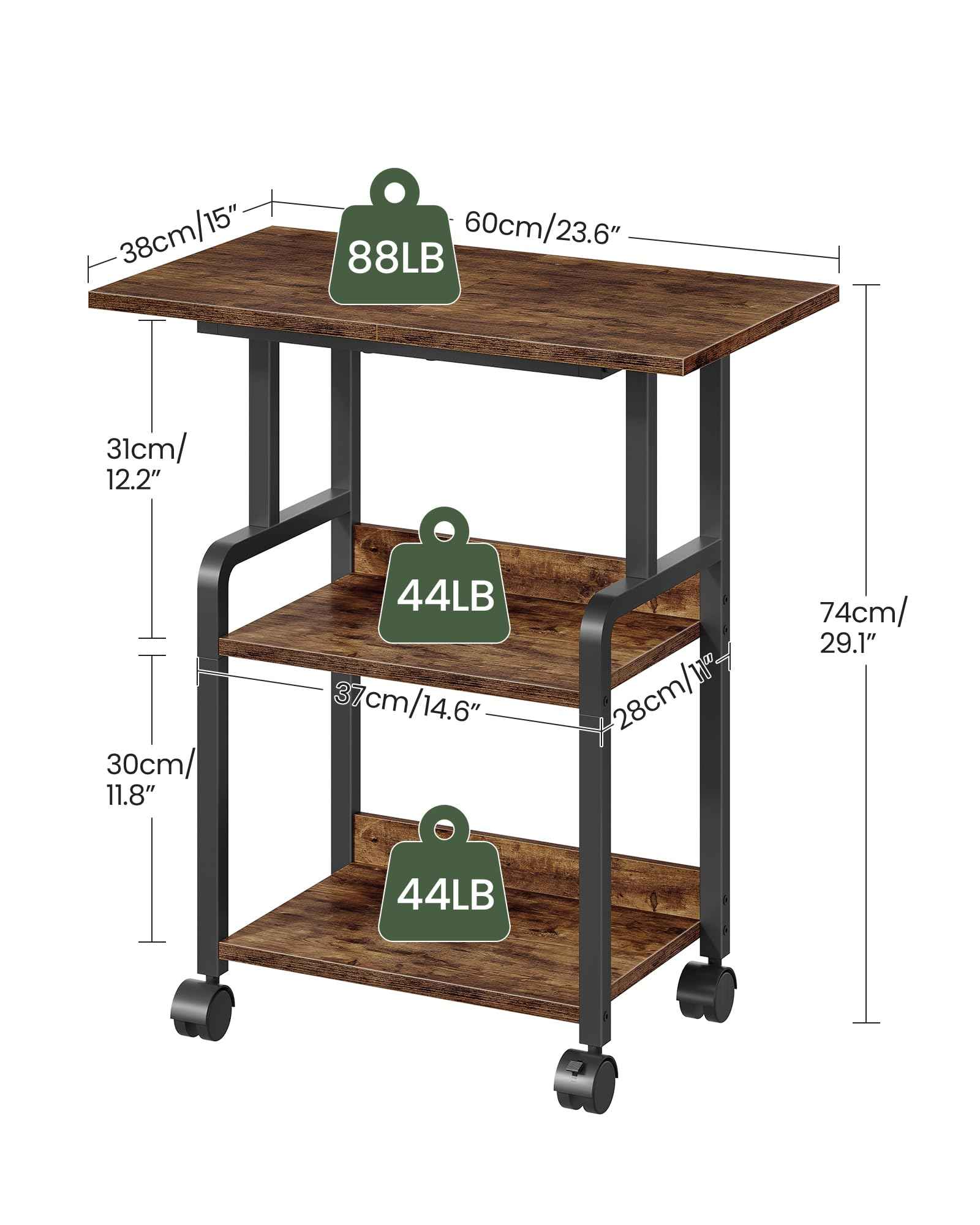 CHOEZON 23.6-in Printer Stand with Storage, 3-Tier Printer Table for Home Office, Printer Cart Under Desk Storage, Suitable for Study, Kitchen, Living Room, Rustic Brown and Black TPS02BF
