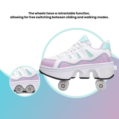 2-in-1 Unisex Roller Skate Shoes with Retractable 4 Wheels - Invisible Deformation & Removable Pulley, Ideal Retractable Roller Shoes for Women for Girls, Boys & Children Purple