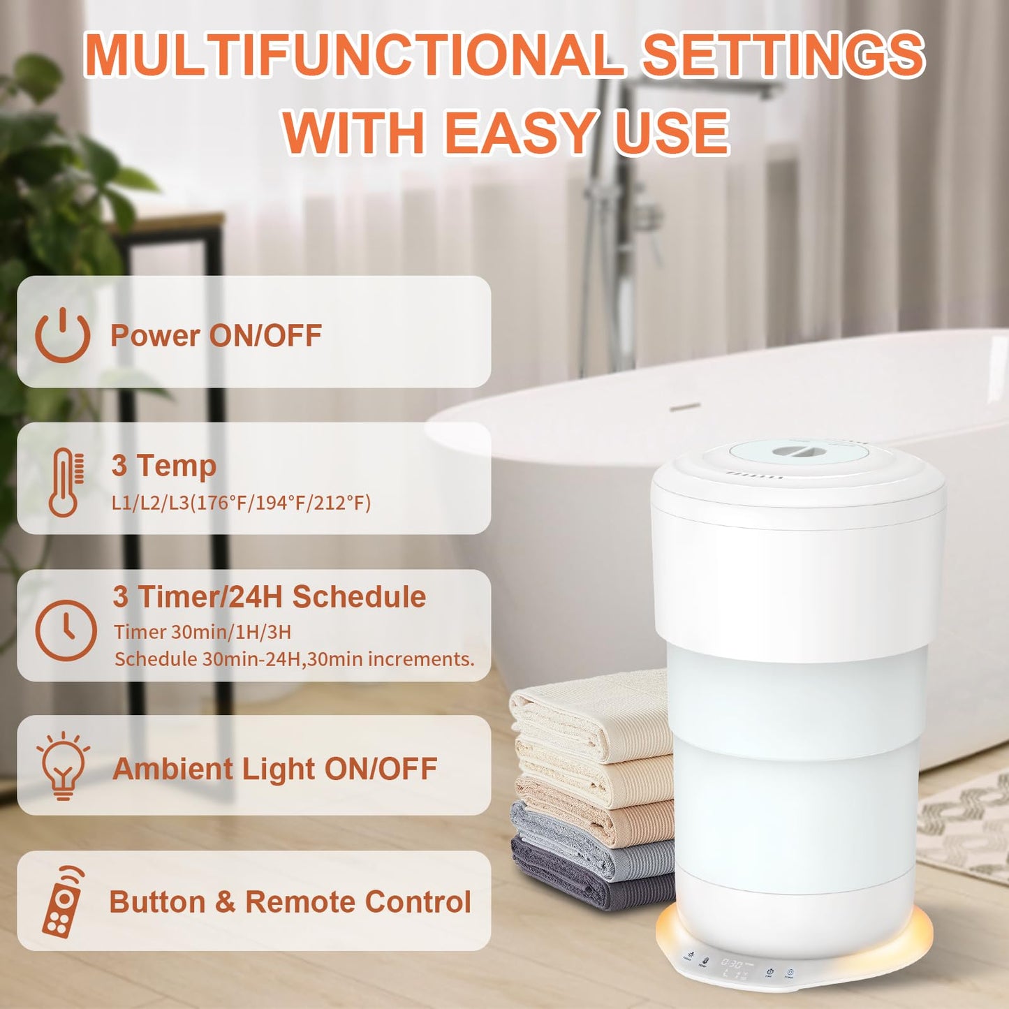 ladate 25L Foldable Towel Warmer Bucket, 212℉ Fast Heated Towel Warmers for Bathroom, Offers Custom Fragrance & Ambient Light for Home Spa, Auto Shut-Off, 3 Timers, Fits 2 Towels, Blanket, Bathrobe