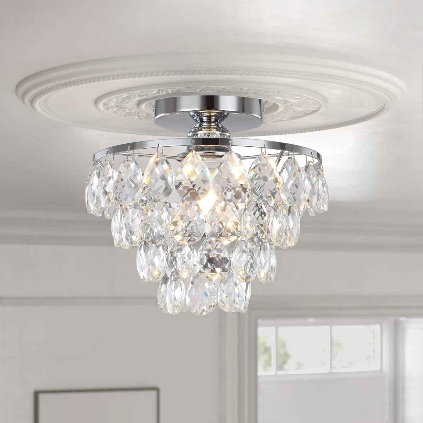 Gold Crystal Mini Chandelier - Modern Flush Mount Ceiling Light for Hallway & Bedroom