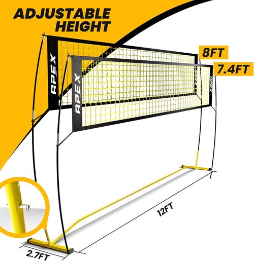 Apex Sports Volleyball Net - Portable Adjustable Height 7.4' to 8' | 12' Wide with Ground Stakes & Carry Bag