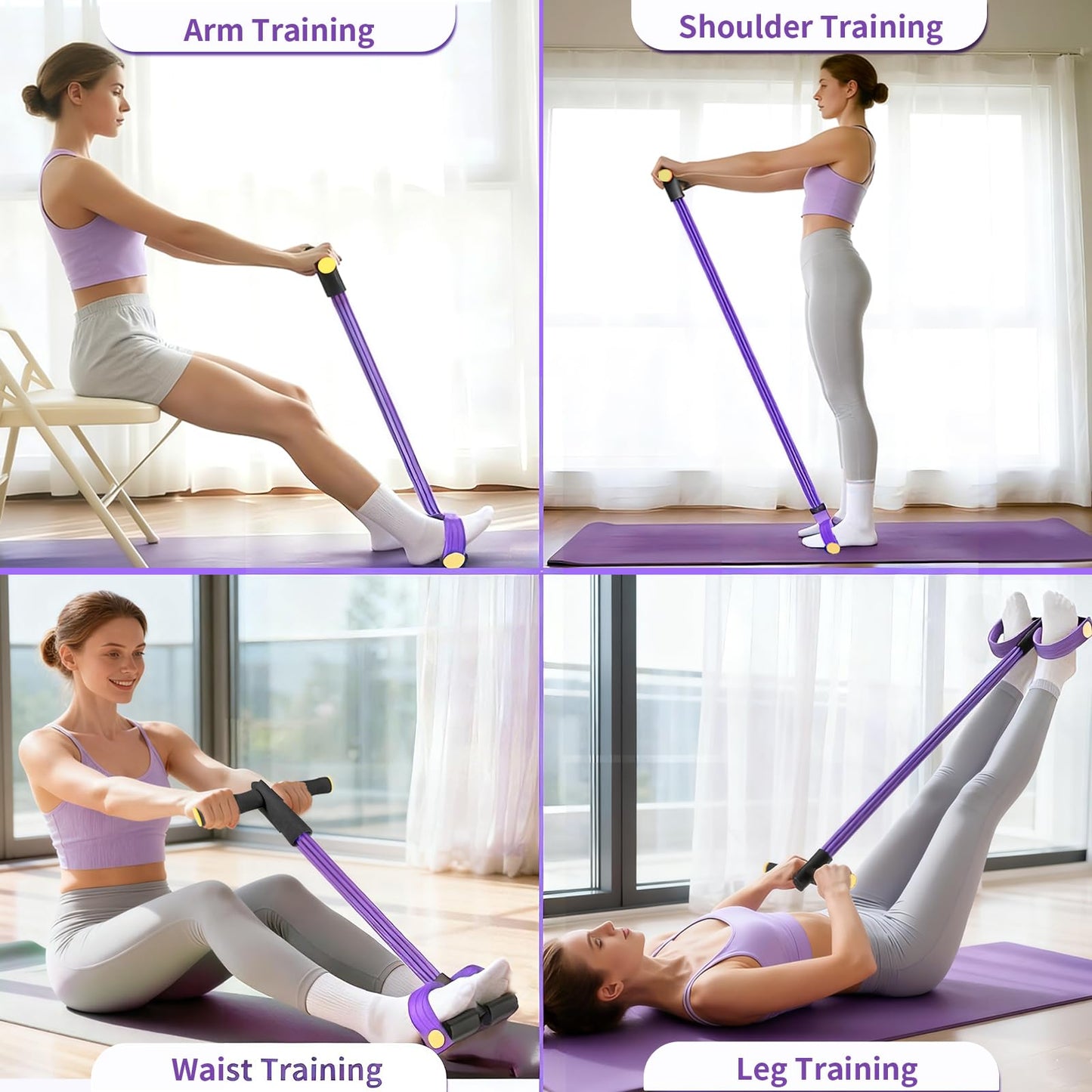 Pedal Resistance Bands with Handles, Upgrade 6-Tubes Elastic Bands for Exercise, Natural Rubber Foot Pedal Resistance Bands, Multifunction Fitness Bands for Abdomen, Waist, Arm, Leg, Pilates (Purple)