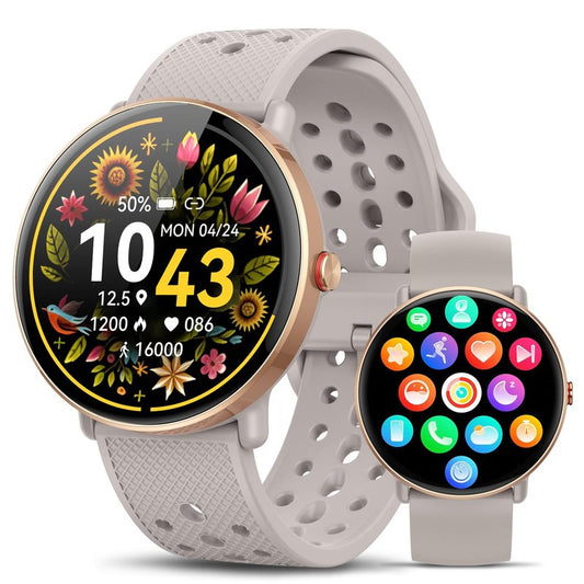 TitanSync Smart Watch for Women Men, for Android iOS with Sleep & Calorie Monitor, Pedometer Fitness Tracker, Bluetooth Call, IP68 Waterproof, 112+ Sport Modes Round Face Smartwatch (Gold-Gray)