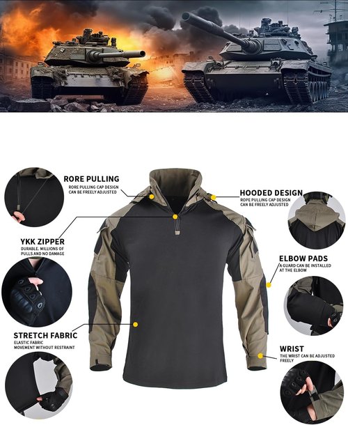 HAN·WILD Men's Tactical Shirt - Combat-Ready Long Sleeve with Elbow Pads & Camo Hooded Design