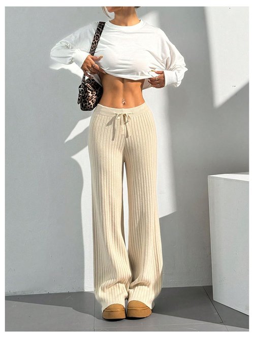 Verdusa Women's Wide Leg Sweatpants Comfy Lounge Pants Straight Leg Baggy Pants Yoga Workout Knit Trousers Winter Clothing Apricot Small