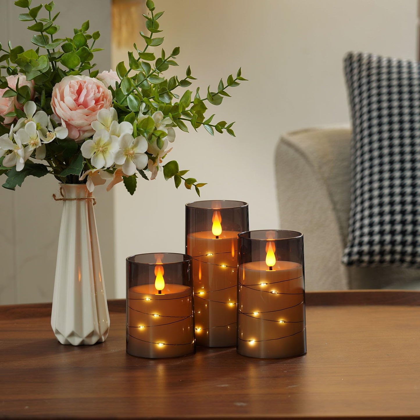 Amagic Grey Flameless Candles with Remote, Flickering Battery Operated Candles with Embedded Fairy Lights, Acrylic LED Candles with Timer for Halloween Home Bohemian Decor, 3D Wick, D3 x H4 5" 6"