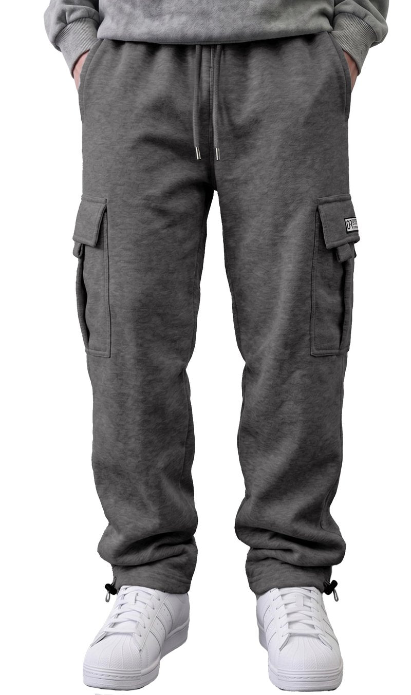 HUNGSON Mens Cargo Sweatpants Drawstring Casual Hiking Pants Joggers Athletic Trousers Cotton Loose Straight Pants for Men Dark Grey Heather