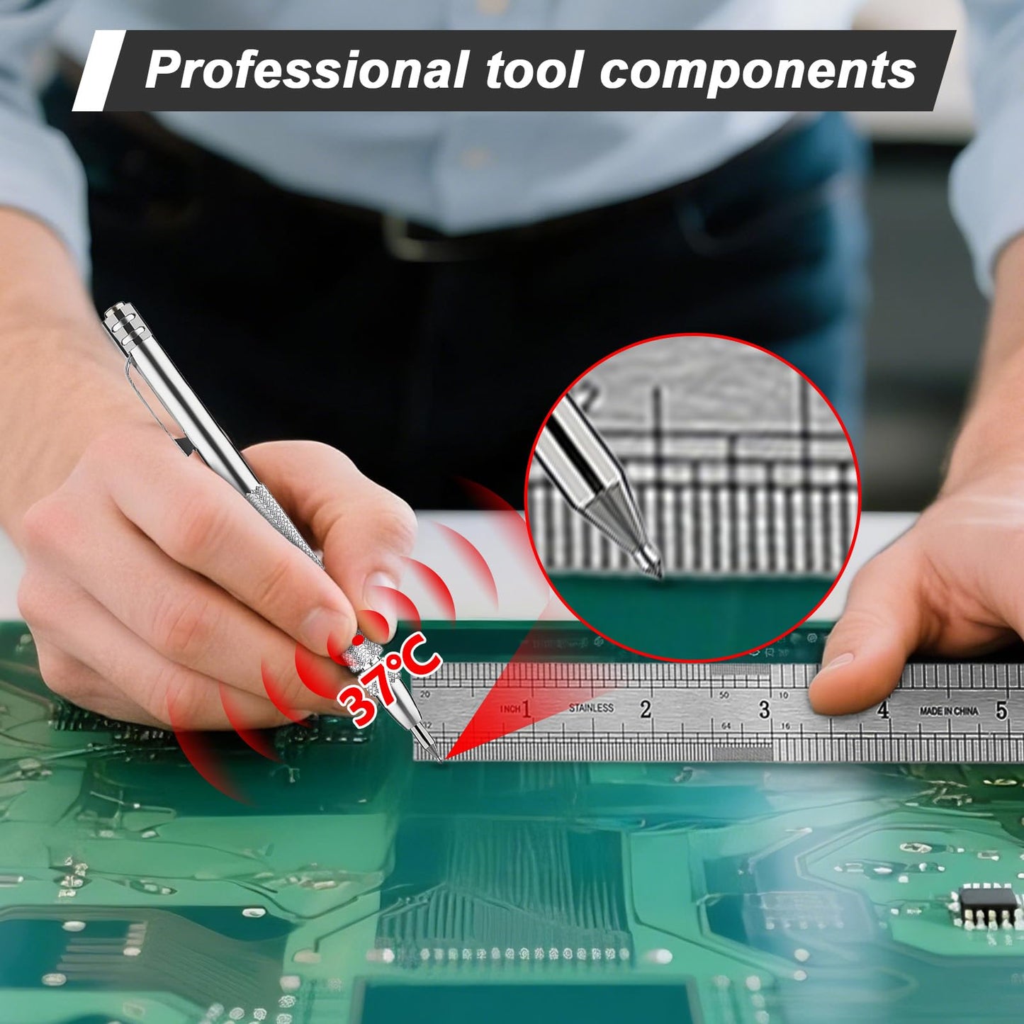 Ywmoml Tungsten Carbide Scriber Set for Metalworking - 5 Pens with 20 Tips & 6-Inch Ruler, Magnetic Knurled Engraving Tool for Steel/Glass/Ceramics, Welding Scribe Kit