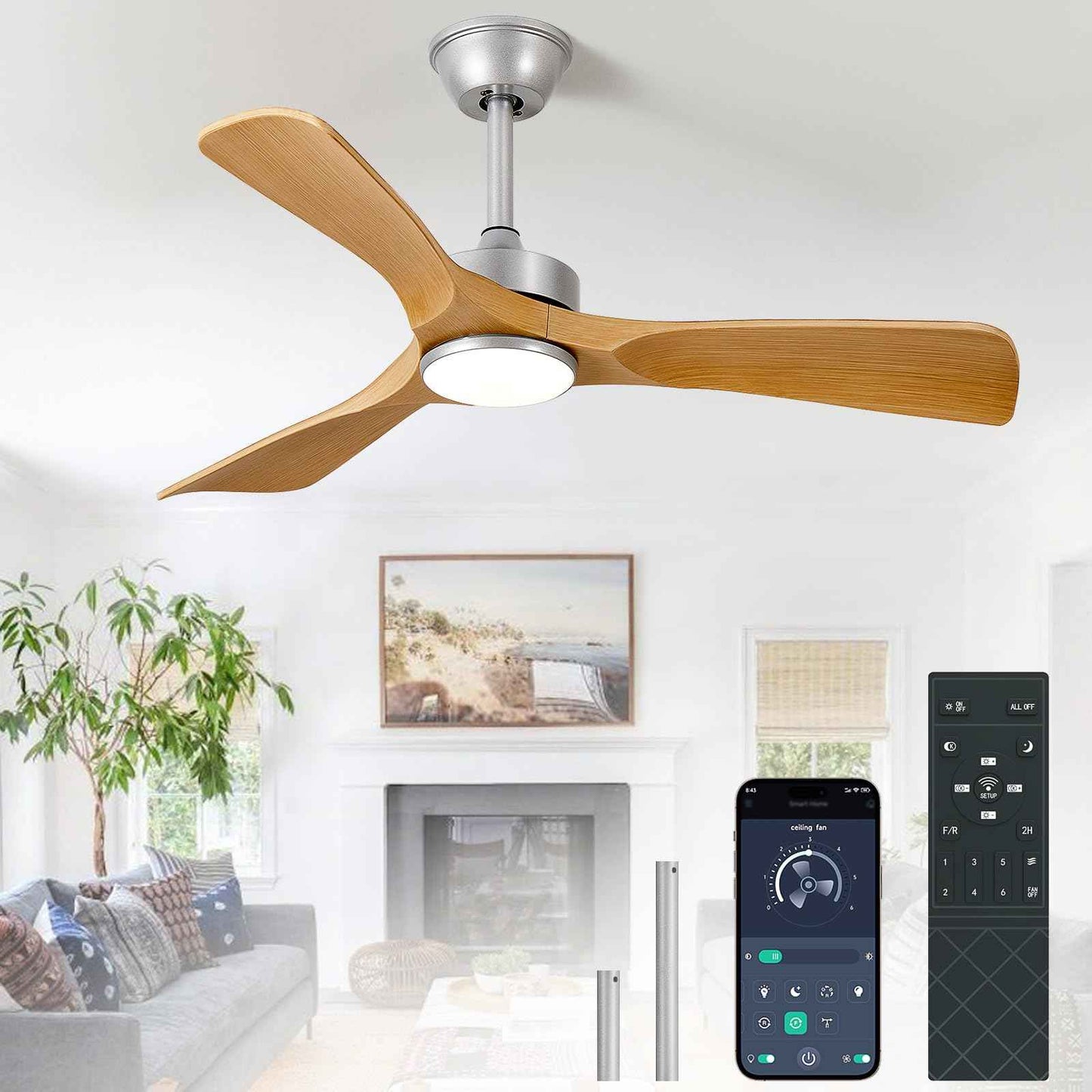 BvenuBigLite Ceiling Fans with Lights and Remote: 42-Inch Ceiling Fan 3 Blades Low Profile Outdoor - Modern Ceiling Fans with Remote APP Control Quiet Reversible DC Motor for Patio Living Room