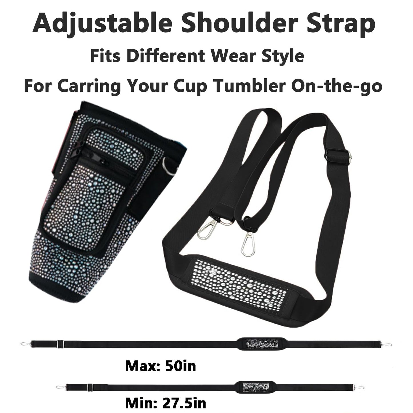 Bling Water Bottle Holder with Adjustable Strap & Straw Cover for Stanley Cup 40 oz Tumbler with Handle, Water Bottle Carrier Bag with Phone Pocket & Carabiner for Stanley Cup Accessories (Black)
