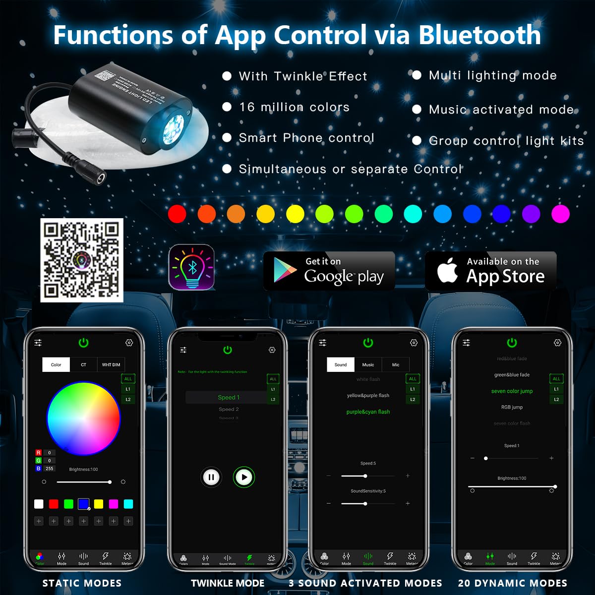 AKEPO 6W Mini Size Twinkle RGBW Fiber Optic Lights, Mixed 295pcs 9.8ft/3m Music Activated APP Control Optical Fiber Optic Star Ceiling Light Kit for Home and Car Starlight Headliner Kits