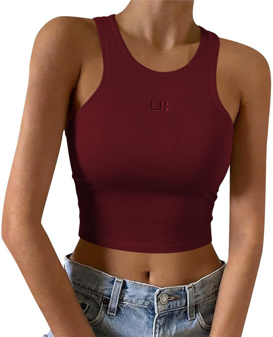 LouKeith Womens Cropped Tank Tops Racerback High Neck Ribbed Cotton Fitted Sleeveless Crop Tank Basic Top Burgundy M