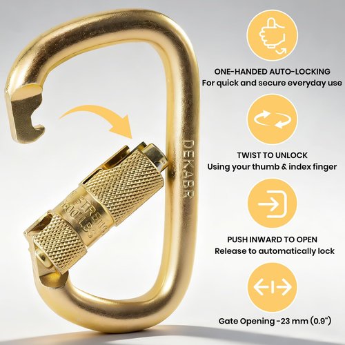 DEKABR Heavy Duty Steel Auto-Locking Climbing Carabiner - 45KN Twist Lock Carabiner for Rock and Tree Climbing, Quick Release, Rescue, and Mountaineering. ANAB Certified, 4.21-inch, Large, Gold